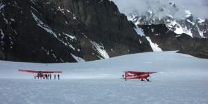 A  "sound station" on the Ruth Glacier is monitoring the noise level of aircraft landing on the glacier. NPS Photo.