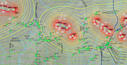 Detail of Hardscrabble sound countour map, showing many homes closer than the 40dB line (thicker yellow-green), and quite a few above 45dB